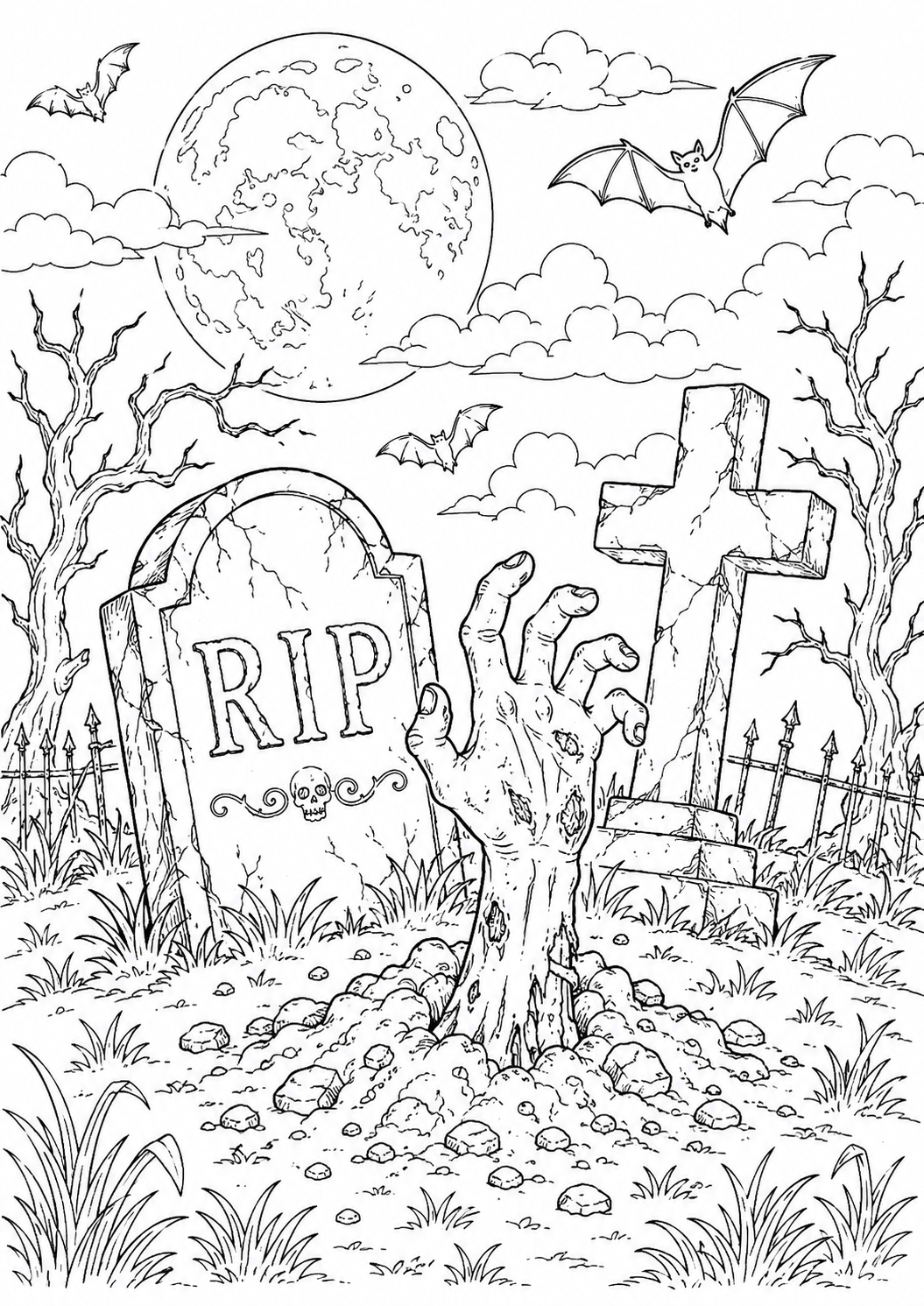 Uhyggelig halloween tegning med zombiehånd på kirkegård