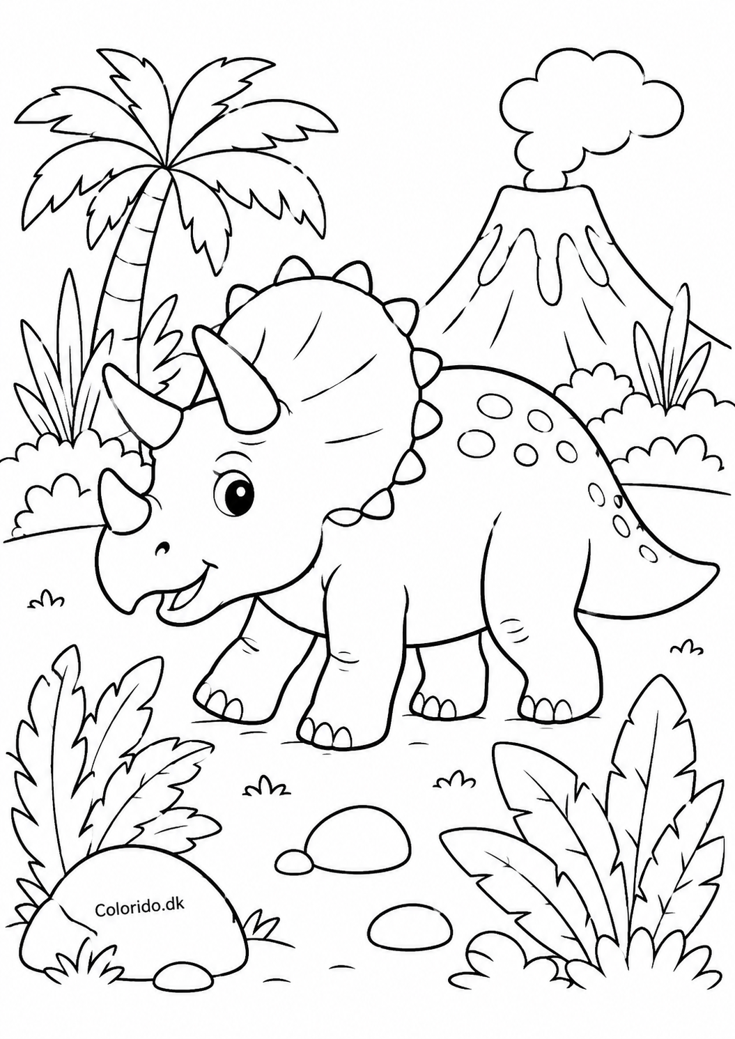 Venlig triceratops tegning med vulkan