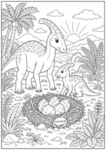 Dinosaur med unge og æg i rede