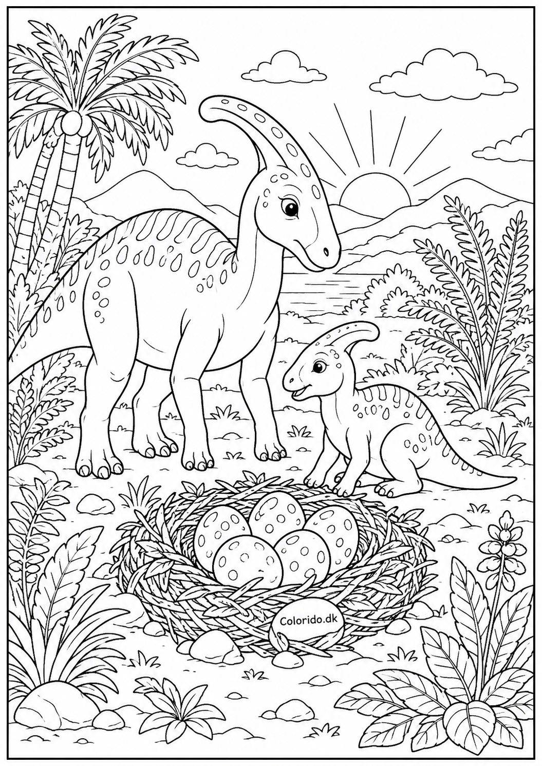 Dinosaur med unge og æg i rede