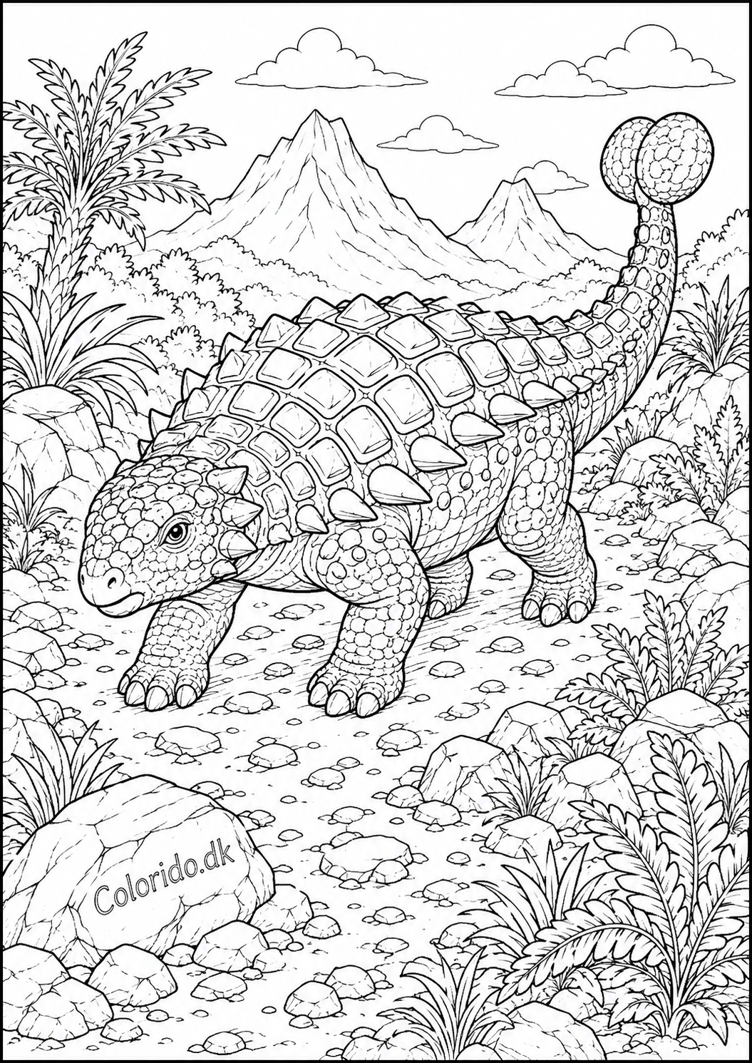 Pansret dinosaur tegning i forhistorisk landskab