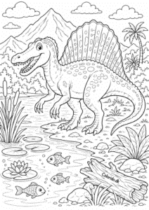 Dinosaur ved søbredden – tegning til farvelægning
