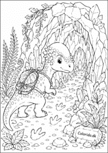 Eventyrlig dinosaur ved huleindgang