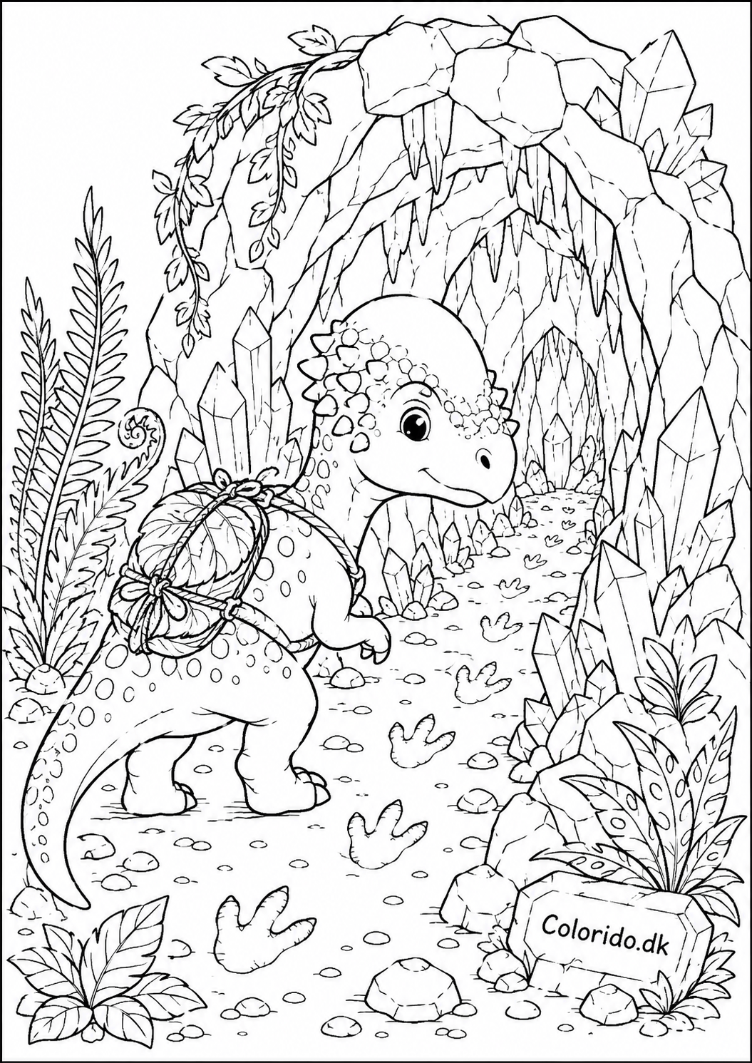 Eventyrlig dinosaur ved huleindgang