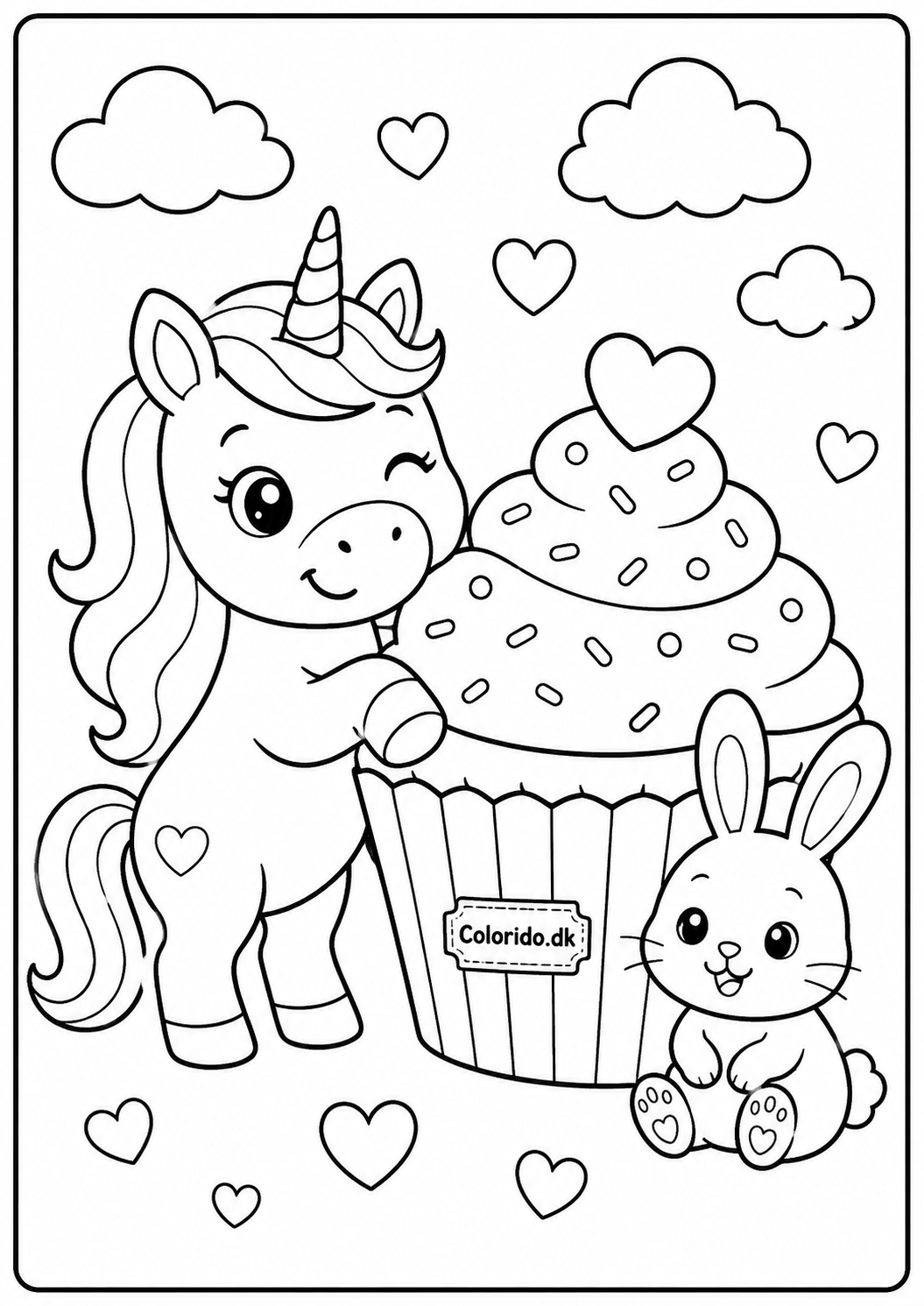Enhjørning med cupcake – Tegning til farvelægning