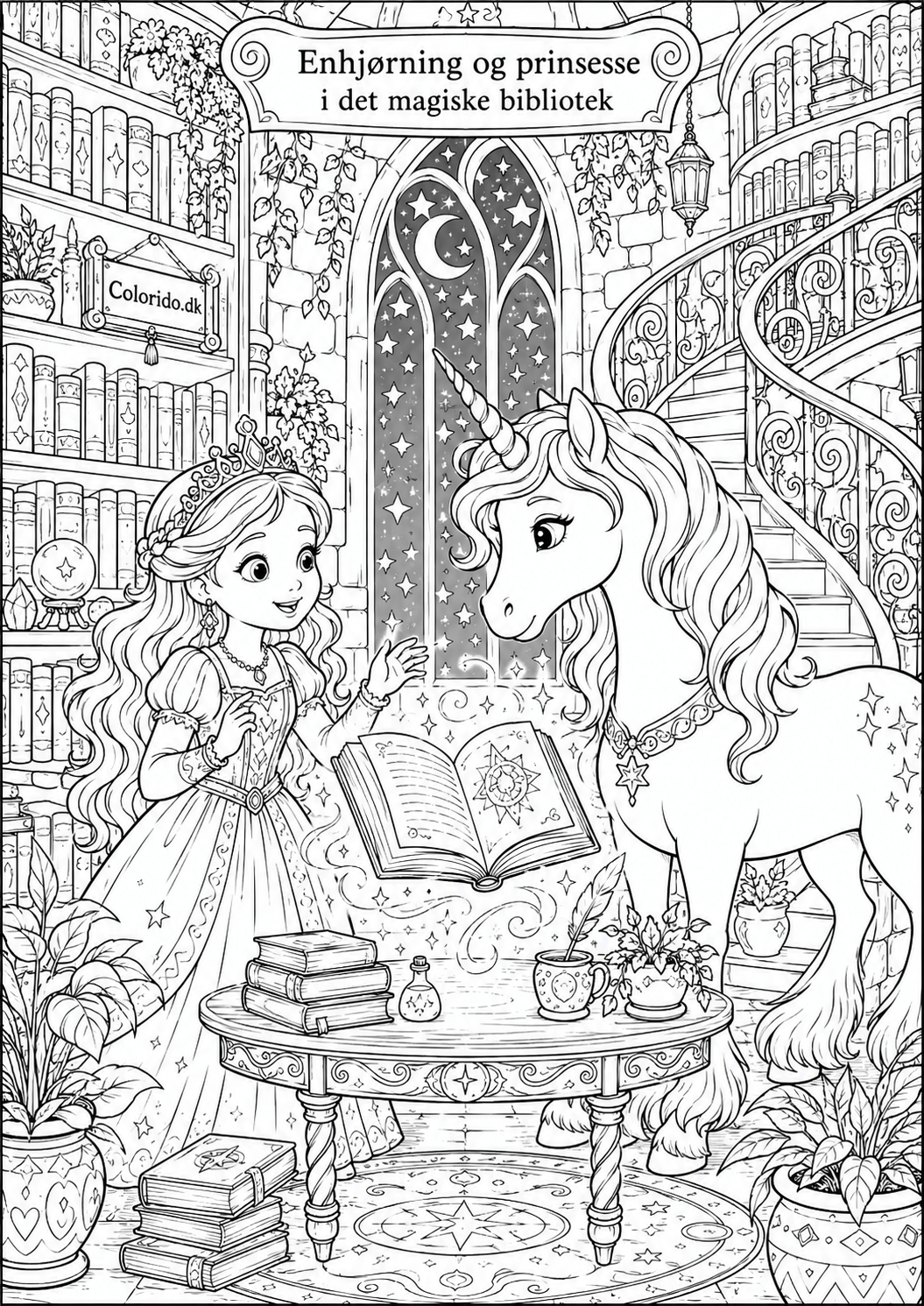 Enhjørning og prinsesse på magisk bibliotek – Tegning til print