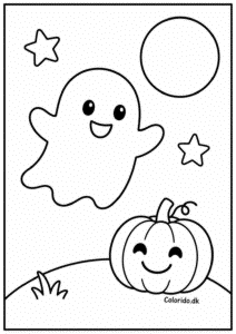 Halloween tegning med venligt spøgelse og græskar til farvelægning