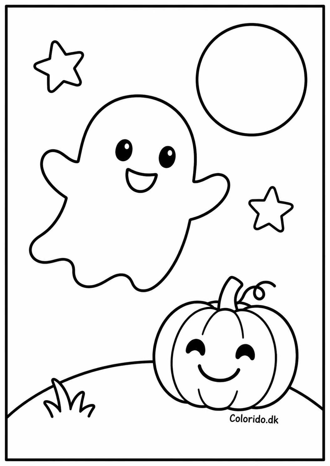 Halloween tegning med venligt spøgelse og græskar til farvelægning