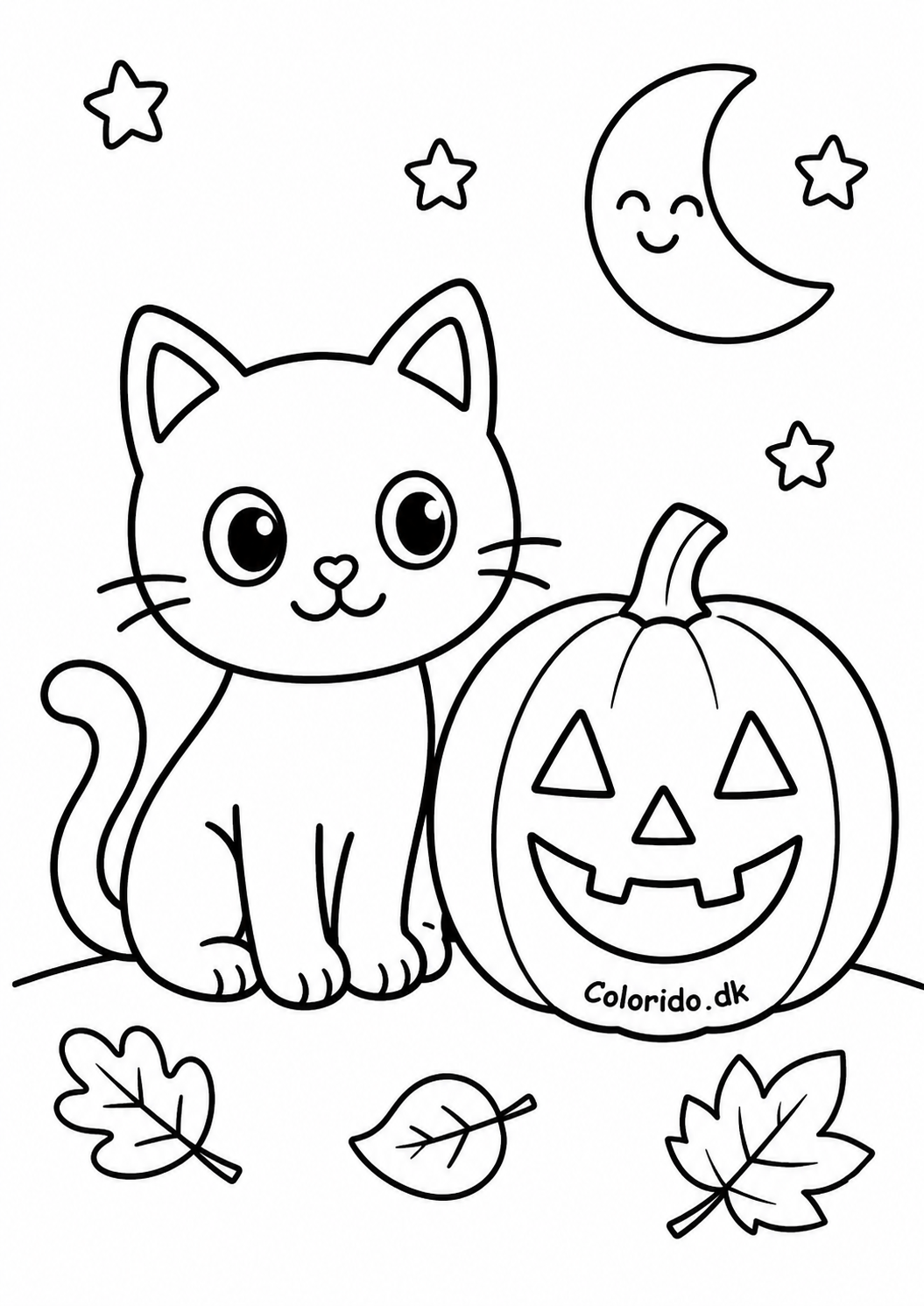 Halloween tegning med sød kat og græskar til farvelægning