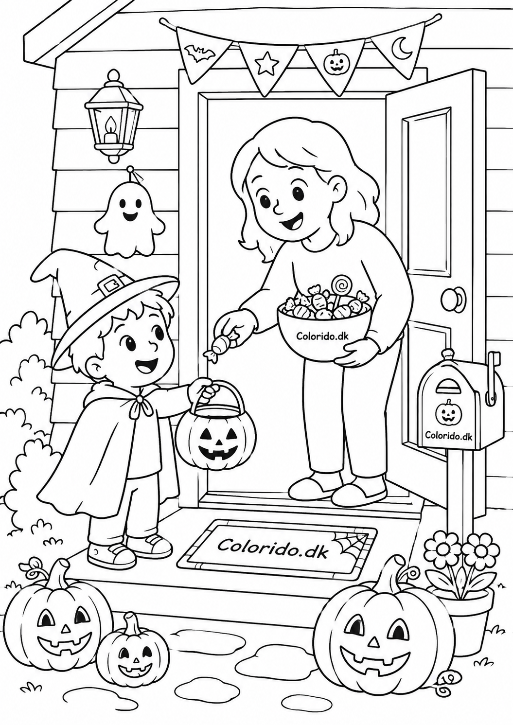 Halloween tegning med trick or treat ved døren til farvelægning