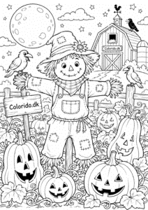 Halloween tegning med fugleskræmsel og græskarmark til farvelægning