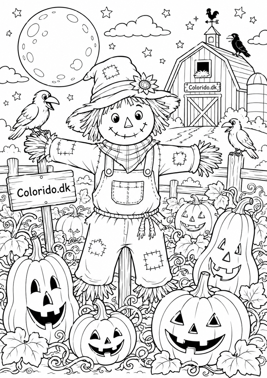 Halloween tegning med fugleskræmsel og græskarmark til farvelægning