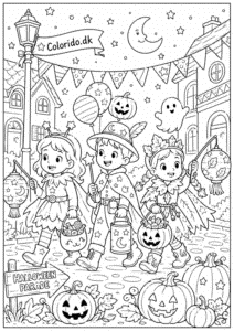 Halloween tegning med glade børn i halloweenoptog til farvelægning