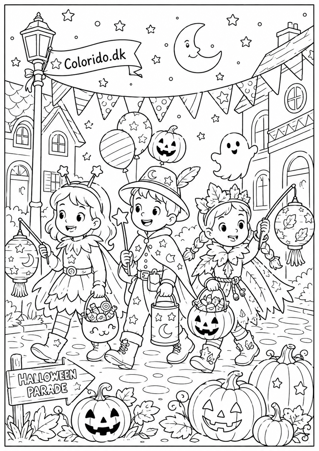 Halloween tegning med glade børn i halloweenoptog til farvelægning