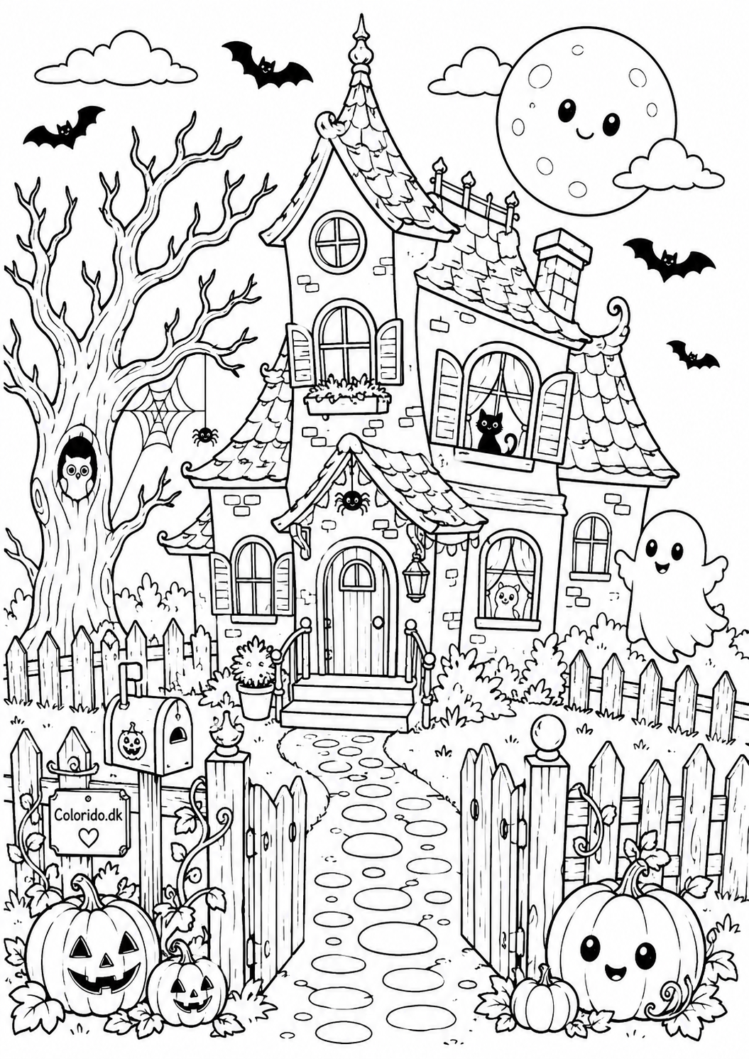 Halloween tegning med hyggeligt halloweenhus og spøgelser til farvelægning