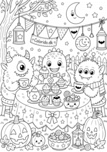 Halloween tegning med søde monstre til halloweenfest til farvelægning