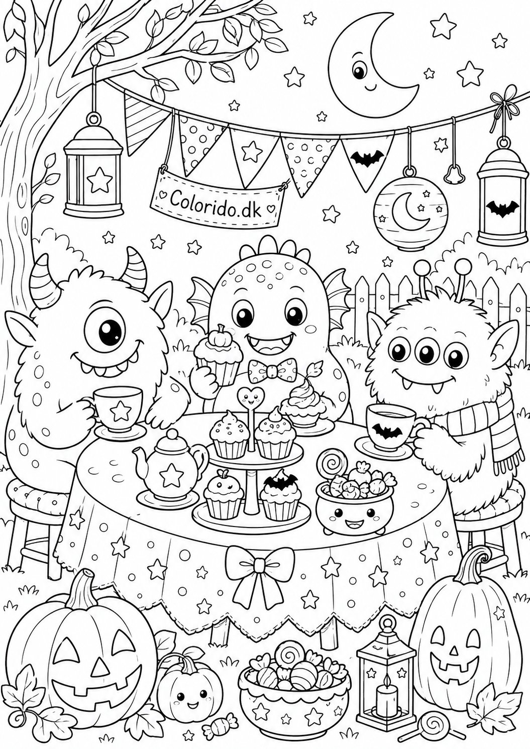 Halloween tegning med søde monstre til halloweenfest til farvelægning