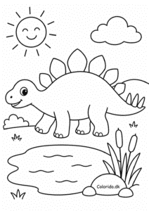 Glad stegosaurus ved en lille sø – tegning til farvelægning