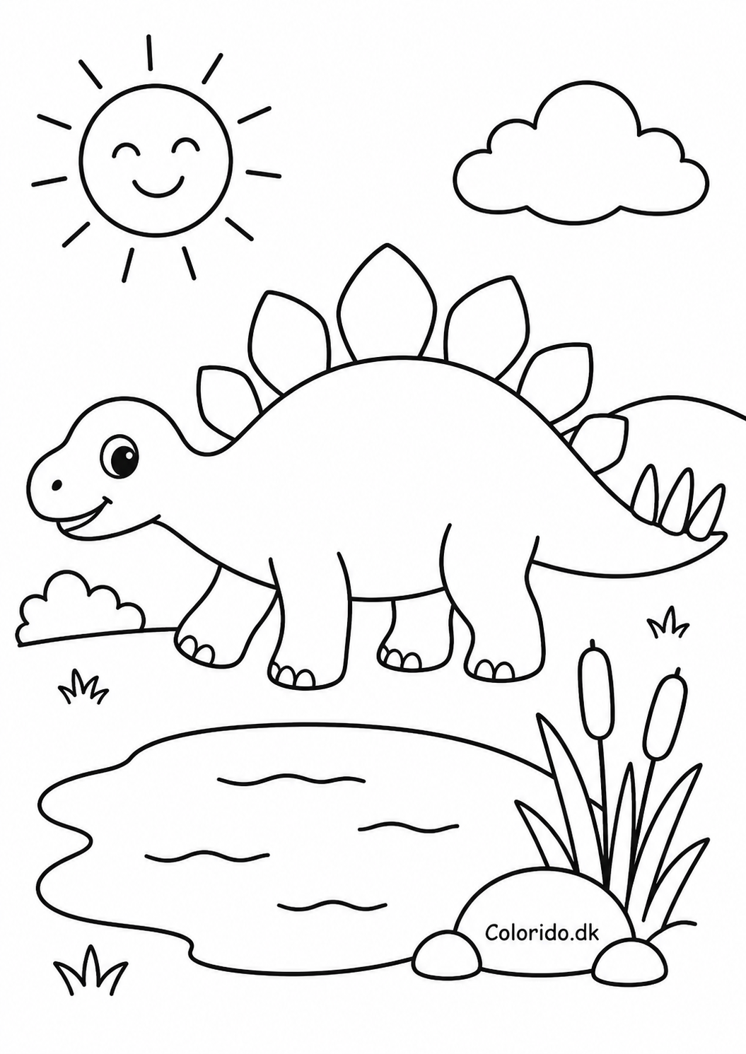 Glad stegosaurus ved en lille sø – tegning til farvelægning