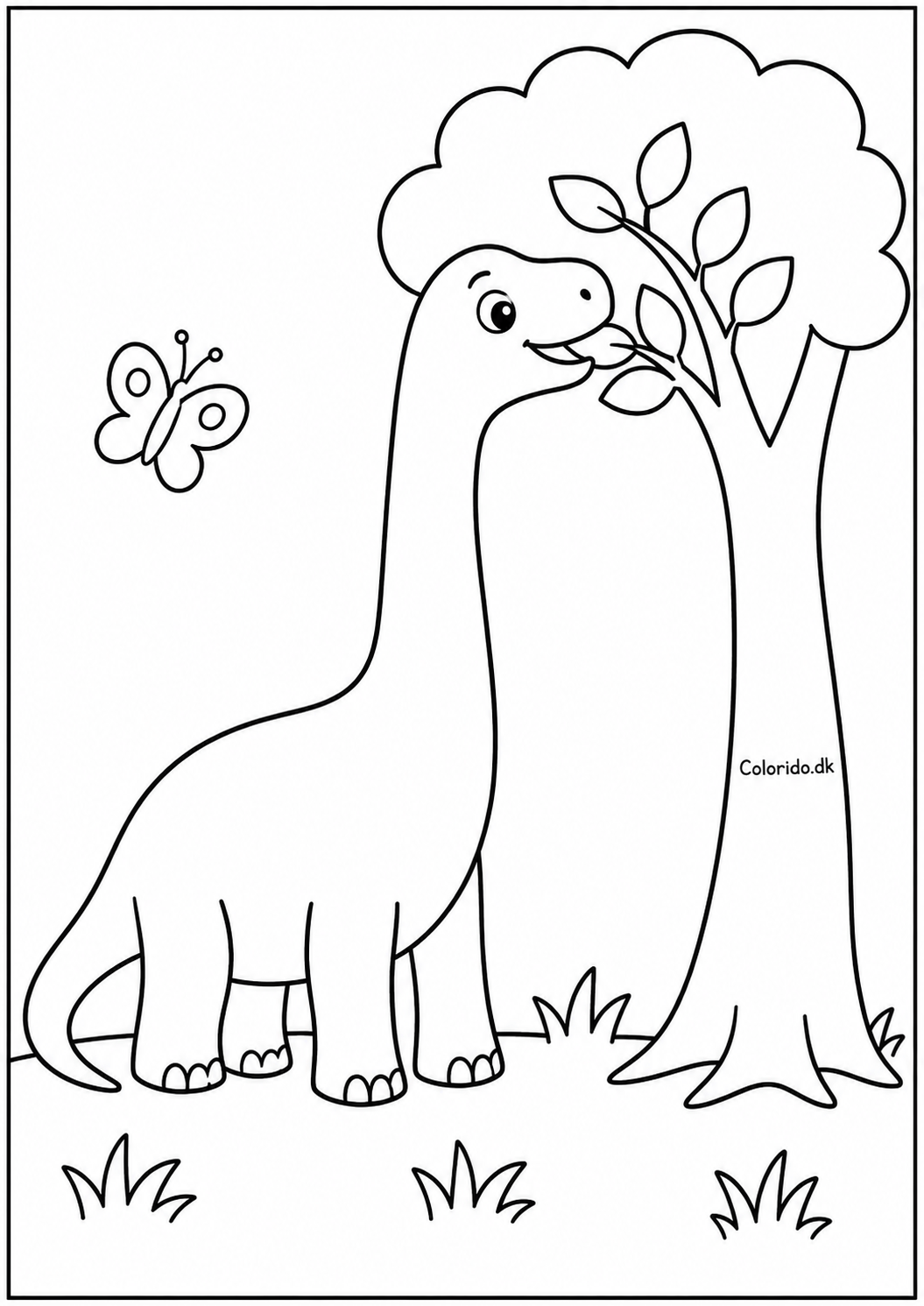 Langhalset brachiosaurus ved et træ – dinosaurtegning til farvelægning
