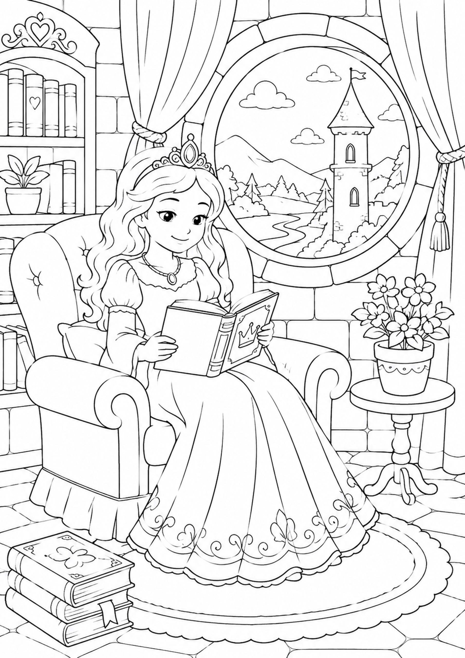Tegning til print af prinsesse som læser en bog i tårnet