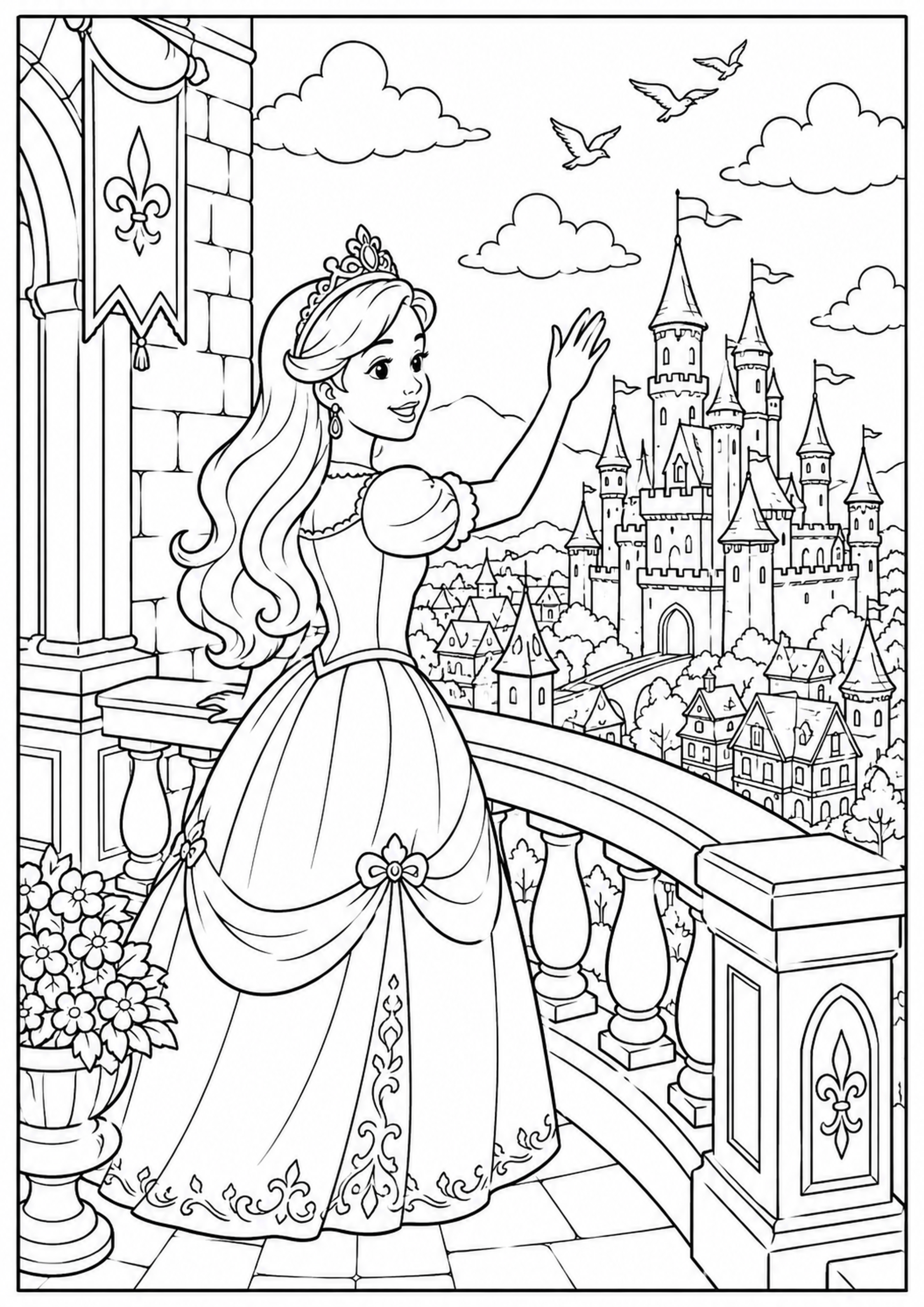 Tegning af prinsesse på slotsbalkon