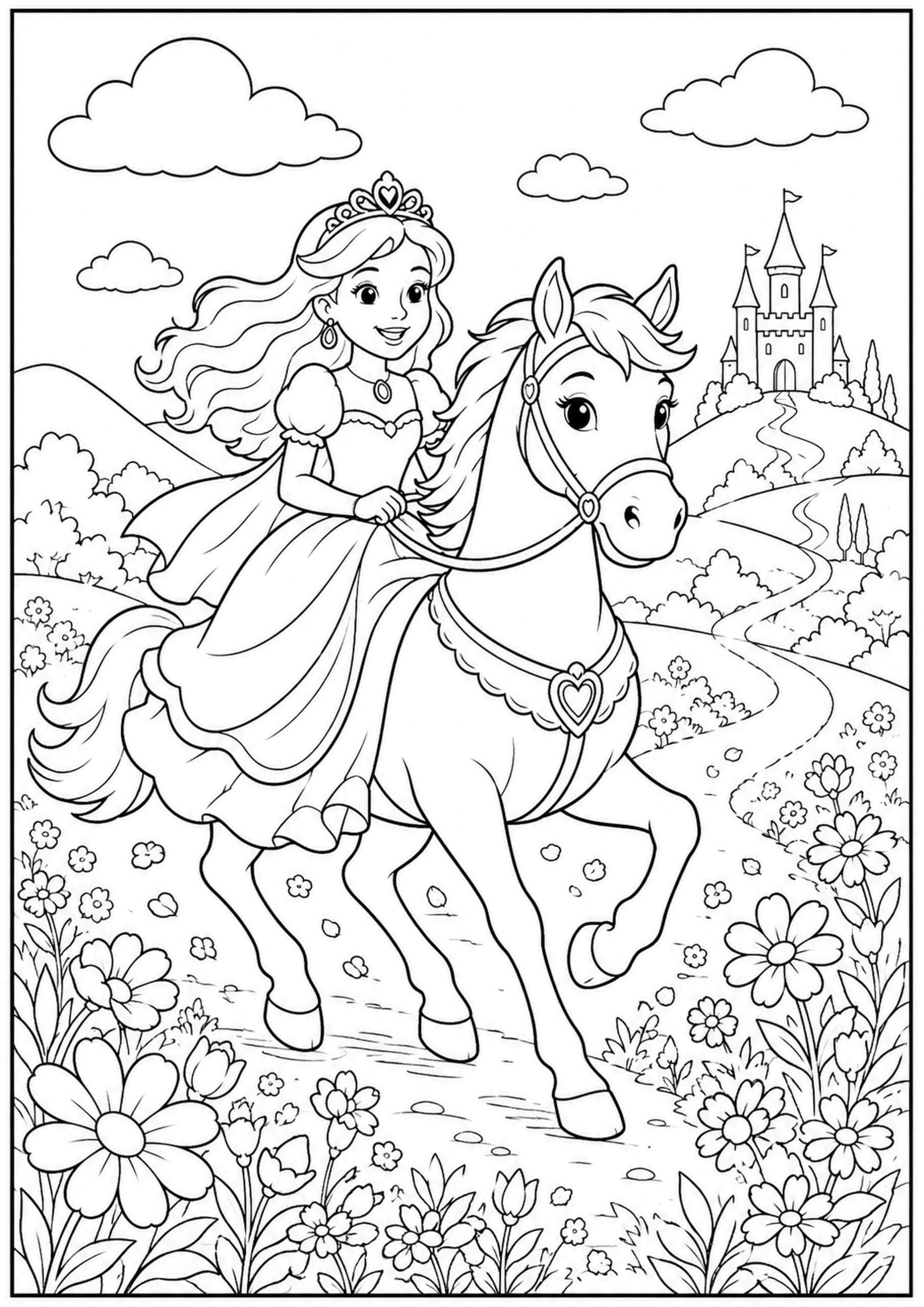 Prinsesse rider på hest i blomstereng