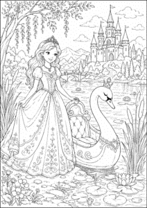 Prinsesse ved svanebåd ved søen