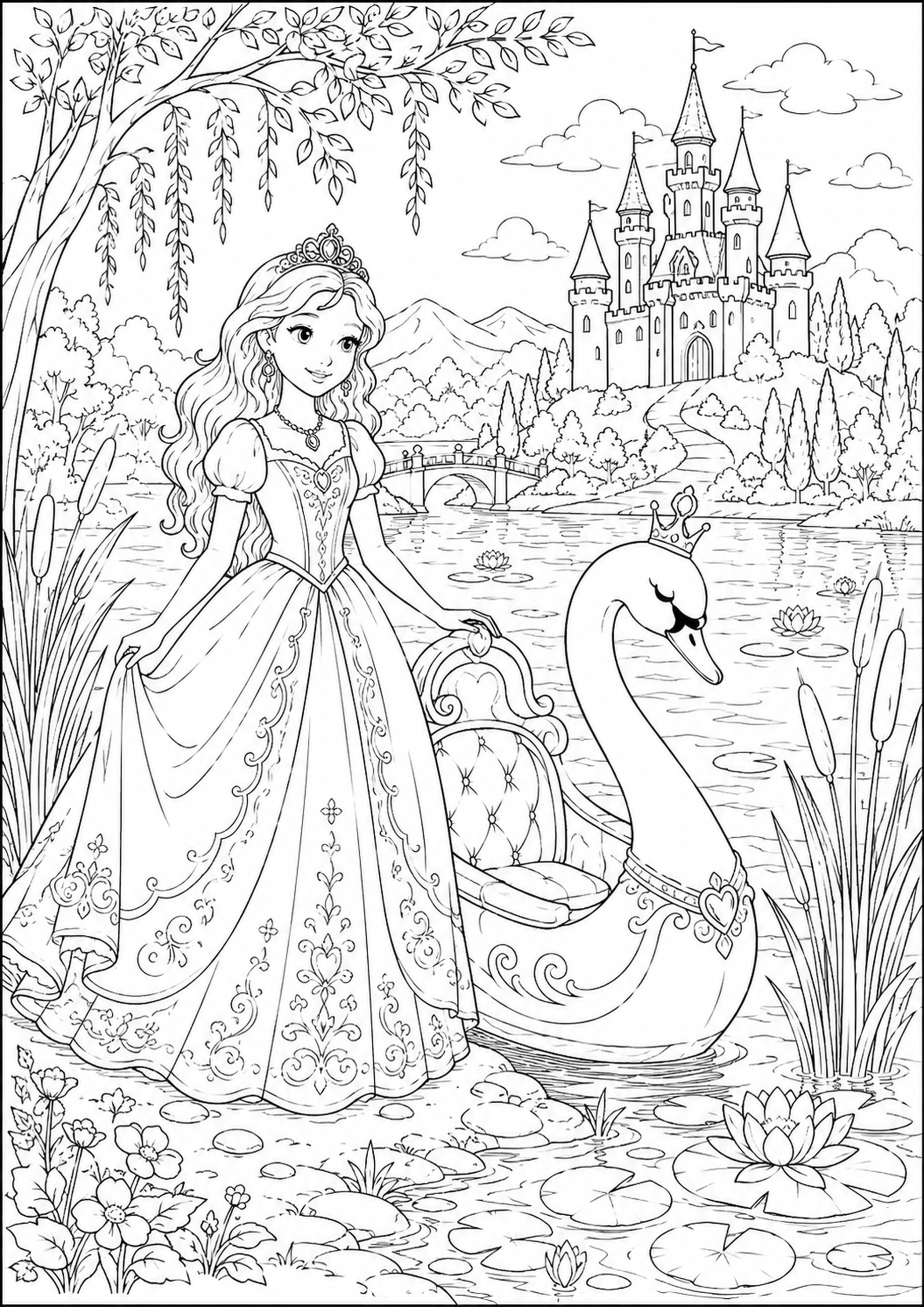 Prinsesse ved svanebåd ved søen