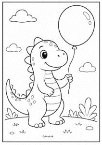 Sød dinosaur med ballon – tegning til farvelægning