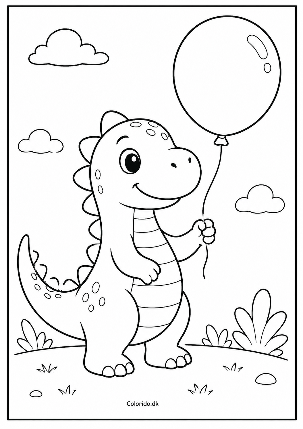 Sød dinosaur med ballon – tegning til farvelægning