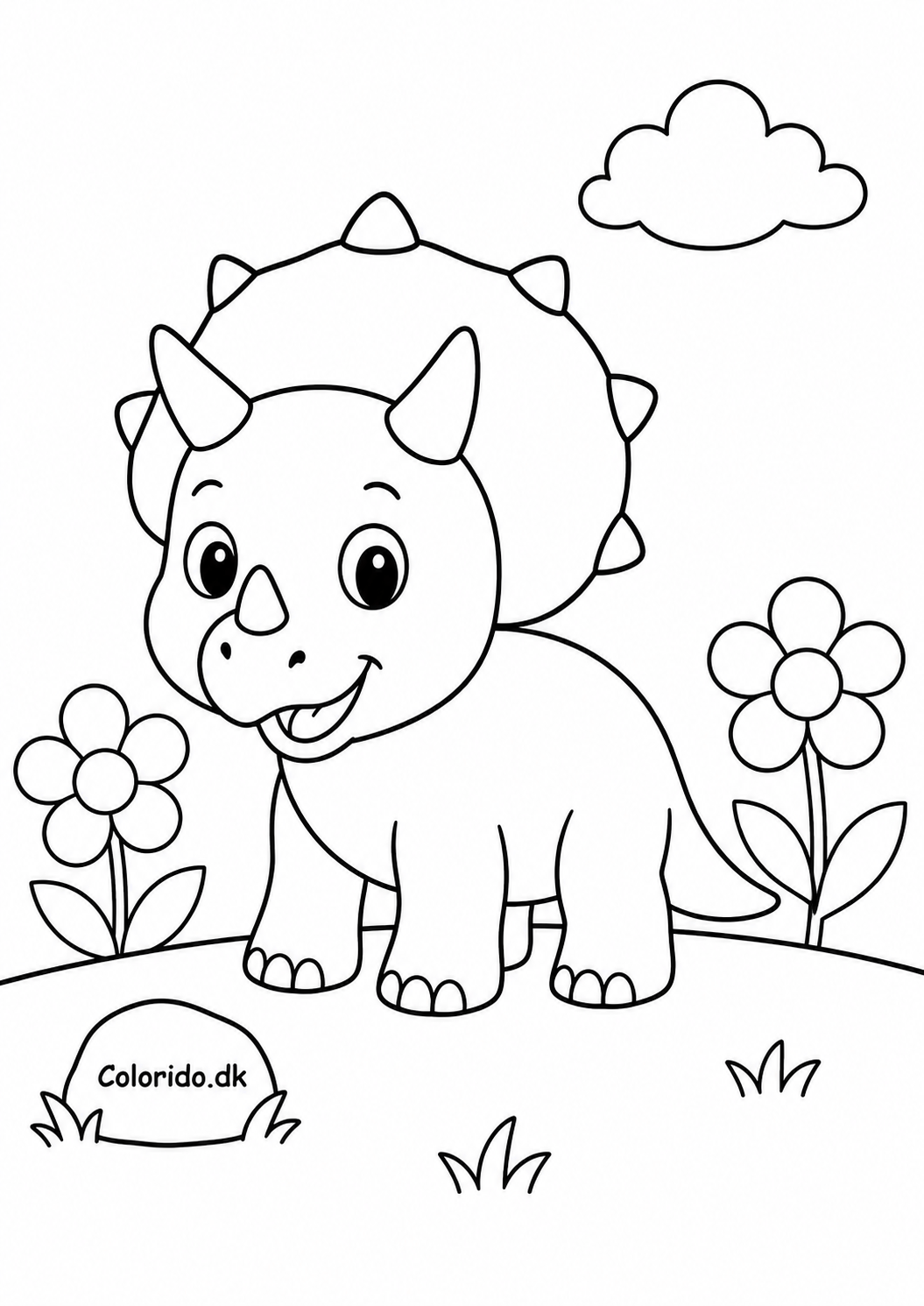 Sød baby-triceratops med blomster – let tegning til farvelægning