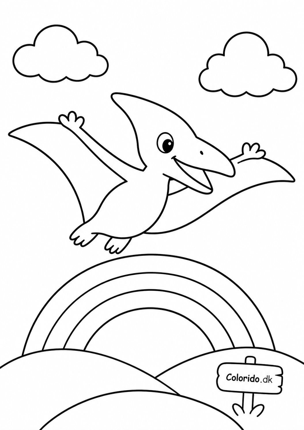 Flyvende pterodactyl over en regnbue – tegning til farvelægning