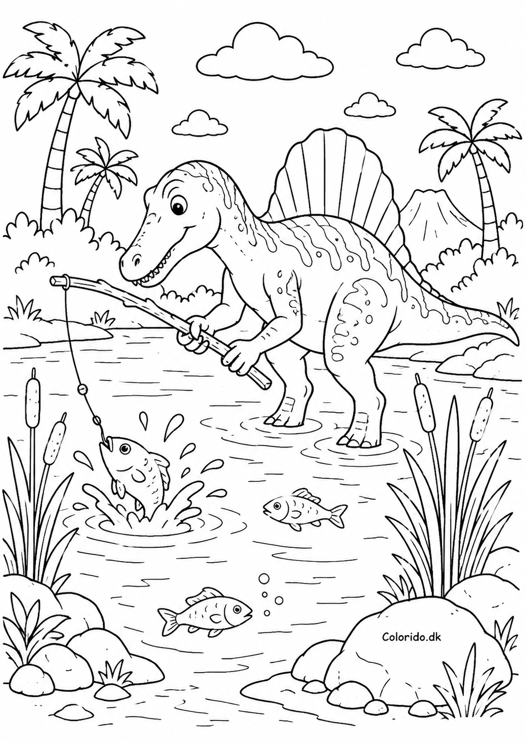Spinosaurus fisker i floden – dinosaurtegning til farvelægning