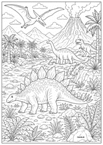 Stort forhistorisk landskab med dinosaurer – detaljeret tegning til farvelægning