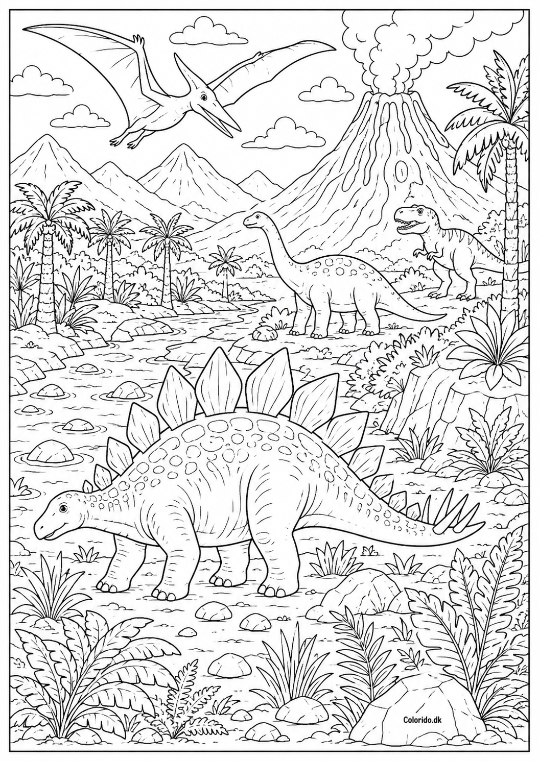 Stort forhistorisk landskab med dinosaurer – detaljeret tegning til farvelægning