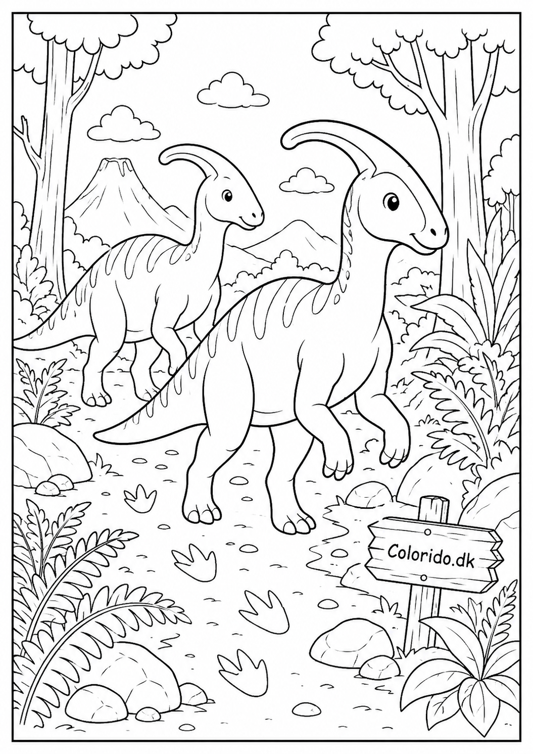 To parasaurolophus på skovtur – dinosaurtegning til farvelægning