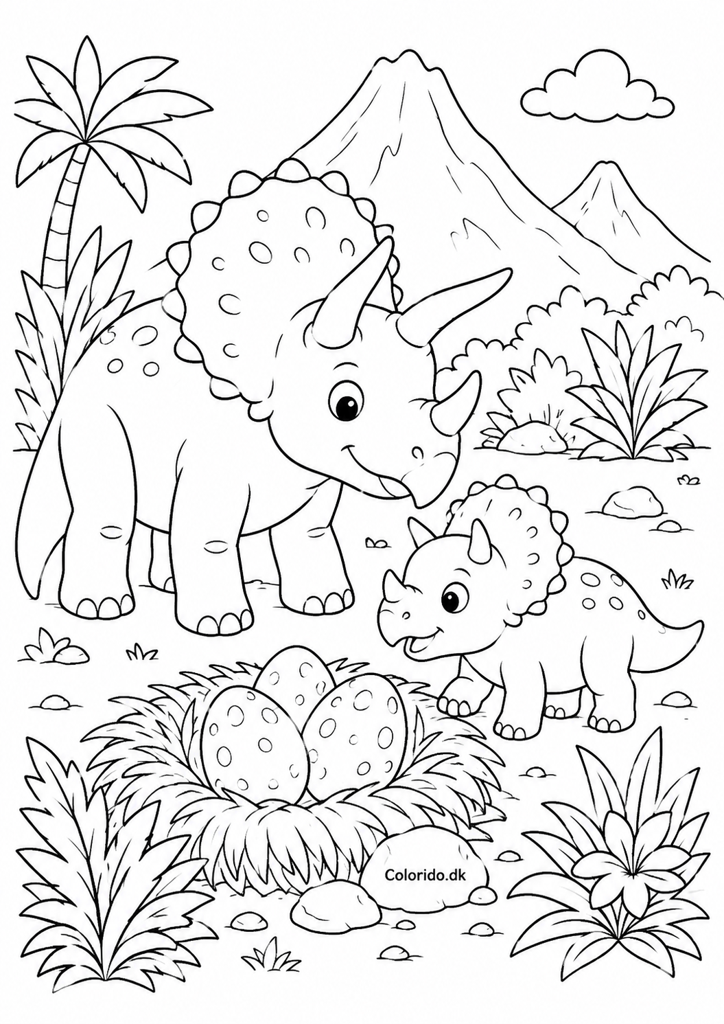 Sød baby-triceratops med blomster – tegning til farvelægning