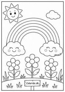 Regnbue med glade skyer og blomster – let tegning til print