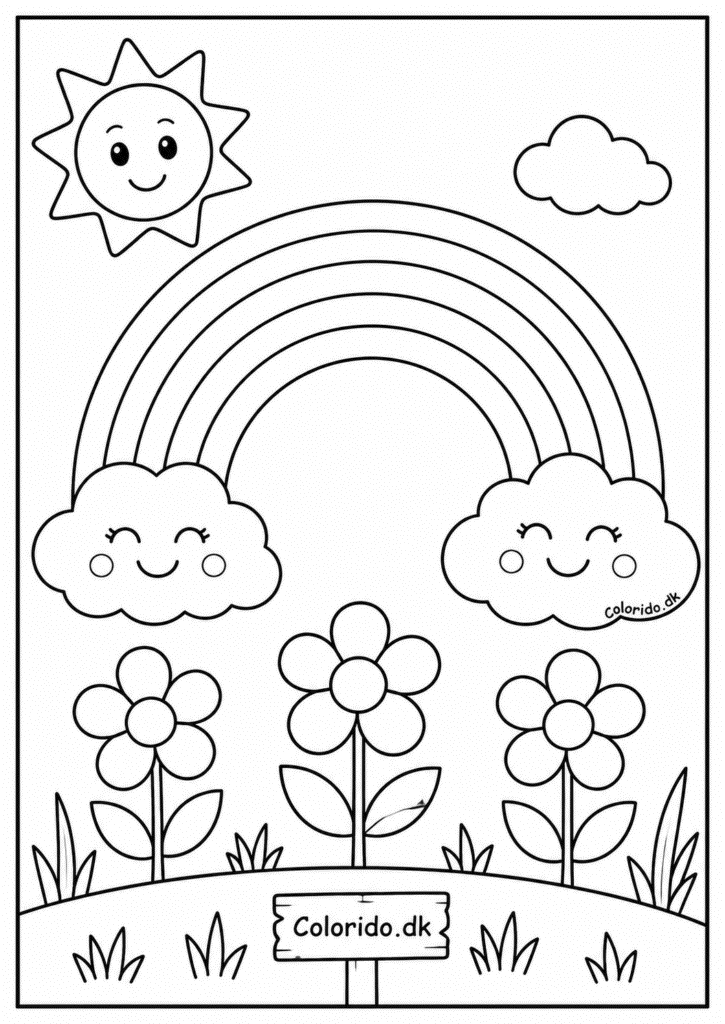 Regnbue med glade skyer og blomster – tegning til farvelægning