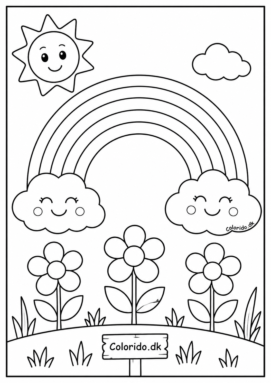 Regnbue med glade skyer og blomster – let tegning til print