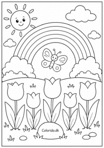 Regnbue over blomstereng med sommerfugl – tegning til farvelægning
