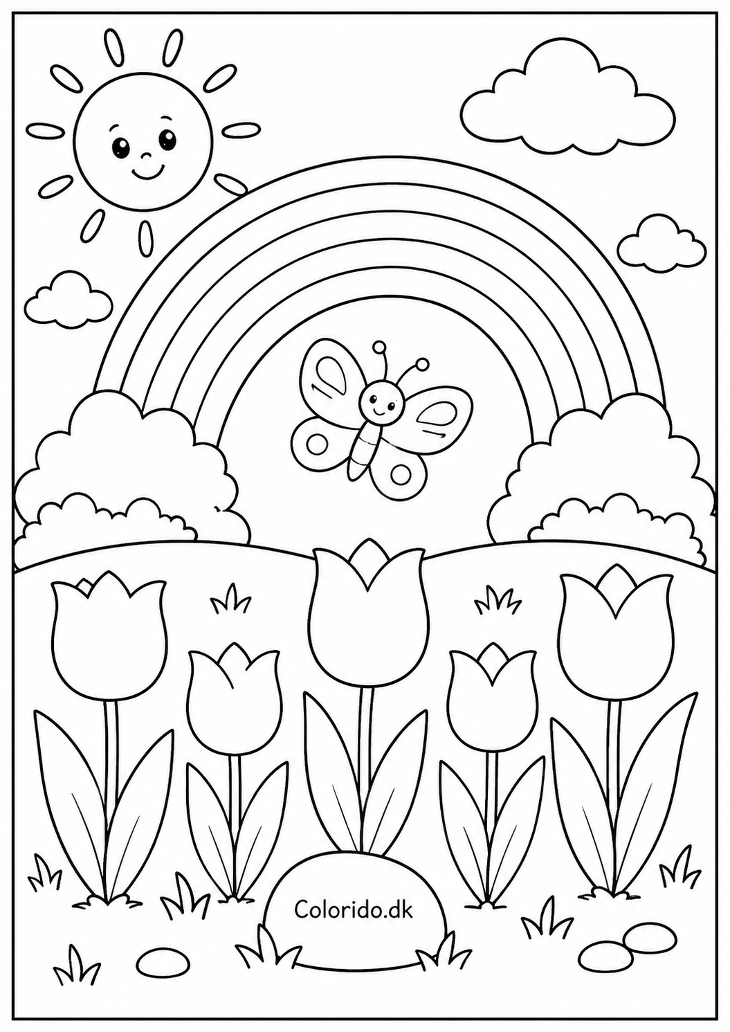Regnbue over blomstereng med sommerfugl – tegning til farvelægning