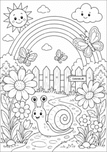 Glad snegl i blomsterhave under regnbuen – tegning til farvelægning