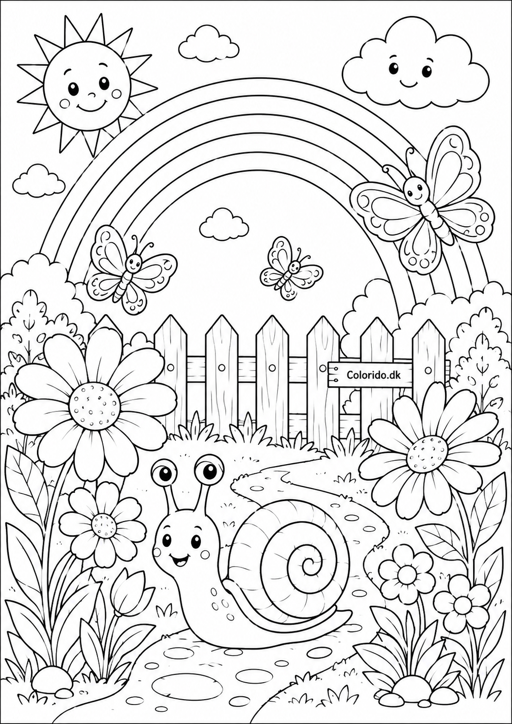 Glad snegl i blomsterhave under regnbuen – tegning til farvelægning