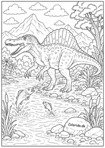 Spinosaurus ved floden med springende fisk – tegning til print