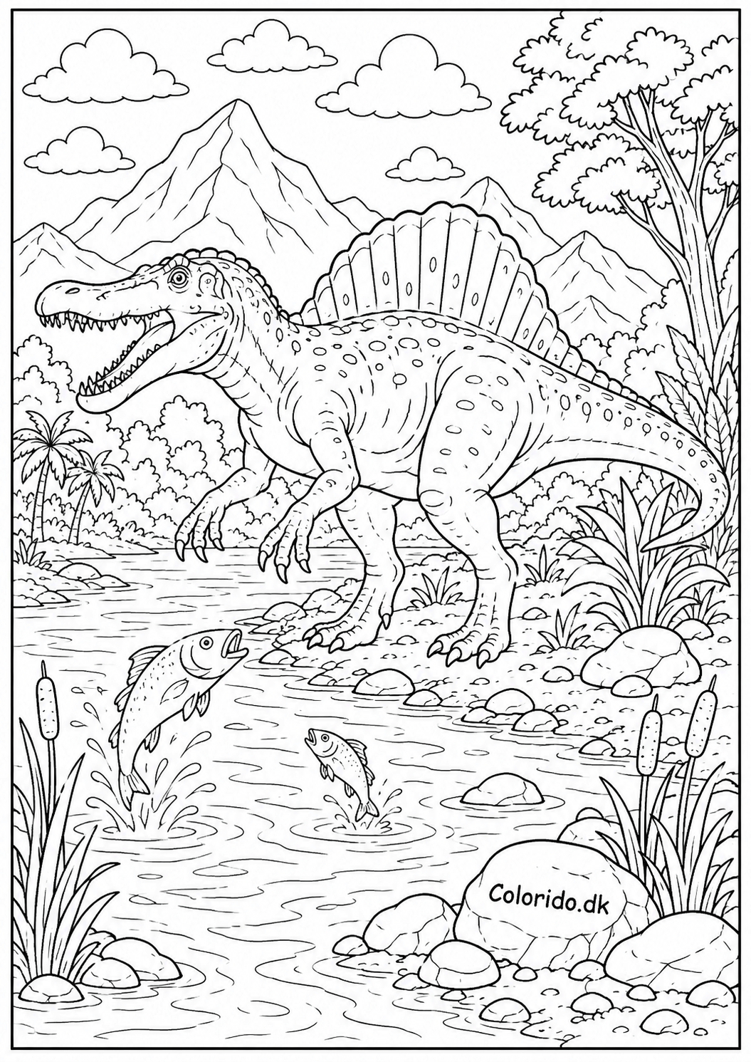 Spinosaurus ved floden med springende fisk – tegning til print