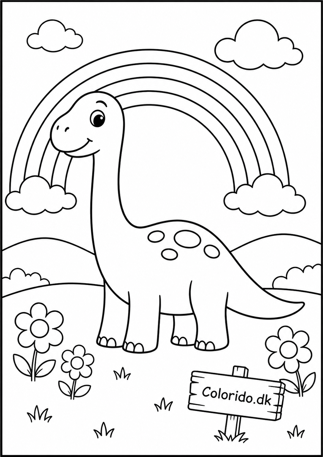 Langhalset dinosaur under regnbuen – tegning til print