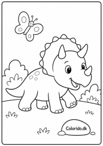Sød triceratops med sommerfugl – dinosaur malebillede
