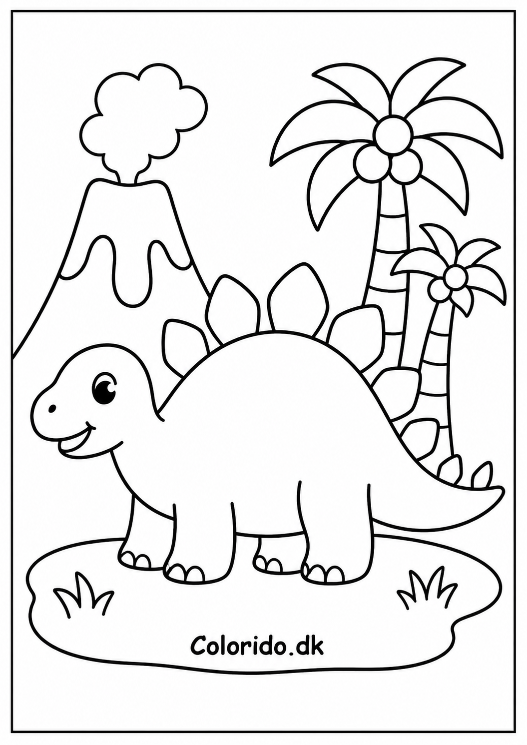 Stegosaurus ved vulkan og palmer – dinosaur tegning